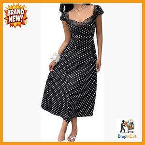 Polka Dot Maxi Dress with Lace Trim Sweetheart Neckline Cap Sleeves A-Line